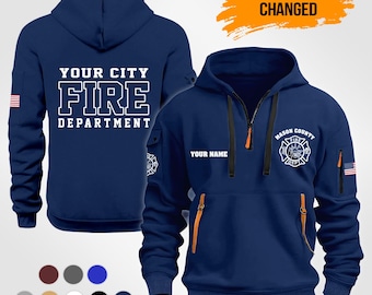 Sudadera con capucha de bombero con cremallera de un cuarto personalizada: ropa personalizada para bomberos y personal de primera respuesta.