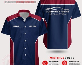 Custom Shop Uniform Shirt with Name, Logo & Text | Personalized Mechanic Workwear | Auto Repair Crew Apparel | Garage Team Shirt