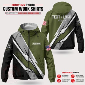 May include: Olive green and black custom work shirts with a racing design. The jackets feature a hood, zipper, and the text "YOUR NAME" and "TEXT/LOGO Racing". Includes the American flag and the text "MINITHUYSTORE".