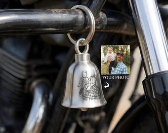 Personalized Photo Sketch Guardian Bell, Custom Motorcycle Bell for New Father, Father’s Day Gift for Dad, Biker Dad Keepsake