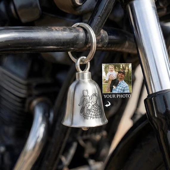 Personalized Photo Sketch Guardian Bell, Custom Motorcycle Bell for New Father, Father’s Day Gift for Dad, Biker Dad Keepsake