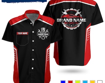 Camisa de trabajo con patrón mecánico: uniforme de taller personalizado con diseño gráfico de motor y panel de color