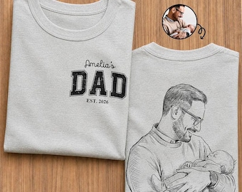 Custom Photo Pencil Sketch Dad T Shirt with Kid's Name, First Time Dad Personalized Tee, Father’s Day Gift for New Dad