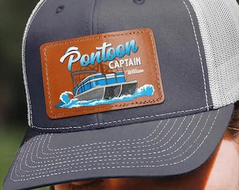 Boating Pontoon Captain Queen Personalized Leather Patch Hat, Custom Lake Life Trucker Cap, Father’s Day Gift for Boat Lovers