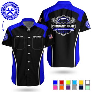 May include: Black and blue short-sleeve mechanic shirt with a button-up front. The shirt features a blue collar and shoulder accents, with the text "YOUR NAME" and "DEPARTMENT" above the pockets. The back of the shirt has a car graphic and the text "COMPANY NAME".