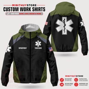 May include: Black and olive green custom work shirts with a white medical symbol. The jackets have a hood, zipper, and the text "DEPARTMENT" and "YOUR NAME". The American flag is on the sleeve. The text "MINITHUYSTORE" is at the top.