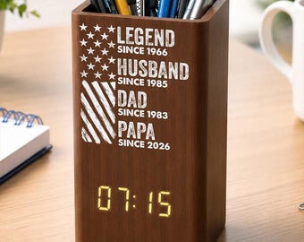 America Legend Husband Dad Papa Stars And Stripes Personalized Pen Holder with Clock, Patriotic Desk Organizer Gift