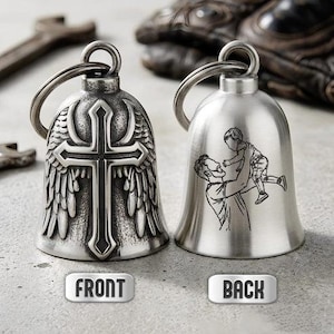 Personalized Photo Sketch Guardian Bell, Custom Biker Dad Keepsake, Stainless Steel