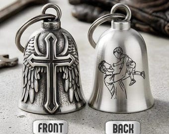Personalized Photo Sketch Guardian Bell, Custom Biker Dad Keepsake, Stainless Steel