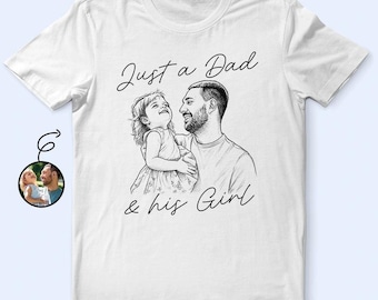 Custom Photo Pencil Sketch Just A Dad And His Girl Boy T Shirt, Personalized Family Portrait Tee, Father’s Day Gift for Dad