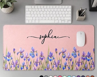 Birth Flower And Name Personalized Leather Desk Mat, Custom Floral Office Desk Pad, Gift for Mom, Dad, Teacher & Coworker