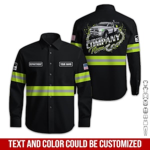 Könnte beinhalten: Schwarzes Langarm-Arbeitshemd mit neongelben reflektierenden Streifen und Akzenten. Das Hemd zeigt eine Abschleppwagen-Grafik auf dem Rücken und den Text "COMPANY Name" mit einer Telefonnummer. Enthält Aufnäher für "DEPARTMENT" und "YOUR NAME" sowie eine amerikanische Flagge.