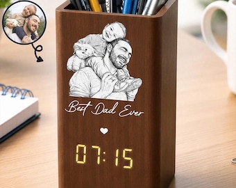 Custom Photo Pencil Sketch Art Family Portrait Pen Holder with Clock, Personalized Best Grandpa Dad Ever Desk Organizer Gift