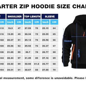 Puede incluir: Sudadera con capucha y cremallera negra con detalles en naranja, junto con una tabla de tallas que detalla las medidas de pecho, hombros, largo y manga en cm y pulgadas. Tallas de la S a la 5XL.