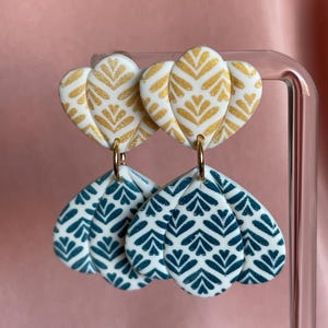Gold and blue flowers polymer clay earrings