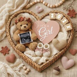 Its A Girl Reveal, autumn heart basket Teddy bear theme, Social Media Reveal, Instant Download, Editable Baby Girl Template Canva