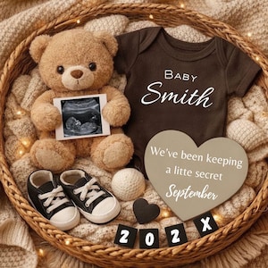 Może przedstawiać: Brązowy pluszowy miś trzymający zdjęcie USG, ciemnobrązowe body dziecięce z napisem Baby Smith, czarno-białe trampki, tabliczka w kształcie serca z napisem We've been keeping a litte secret September oraz klocki z napisem 202X.