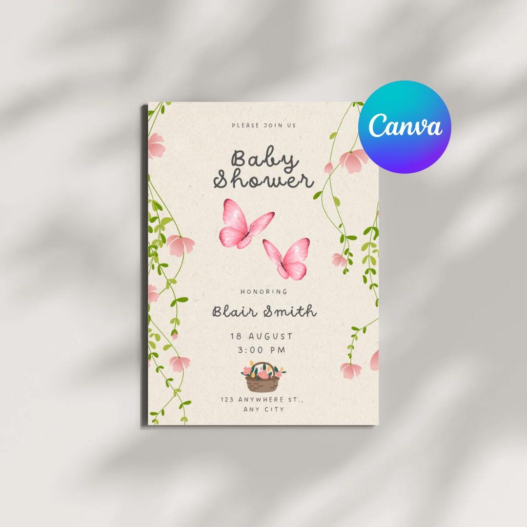 Butterfly Baby Shower Invitation Digital Template, Editable Canva ...
