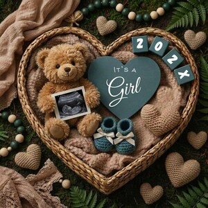 Könnte beinhalten: Ein herzförmiger Weidenkorb enthält einen Teddybären, einen Ultraschallscan und blaue Babyschuhe mit Schleifen. Ein türkisfarbenes Herz mit "It's a Girl" und Holzblöcken mit der Aufschrift "202x" sind ebenfalls vorhanden. Gestrickte Herzen und Perlen umgeben den Korb.