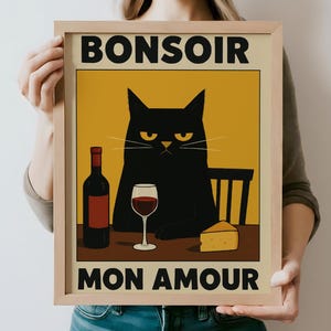 Bonsoir  Mon Amour Black Cat Print – Le Chat Noir Digital Wall Art, French Cat Poster, Vintage Kitchen Decor, Cute Printable Cat Gift
