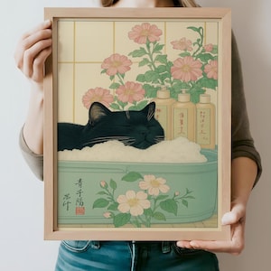 Black Cat in Bathtub, Japanese Bathroom Wall Art, Zen Cat Relaxation Print, Japandi Aesthetic Decor, Minimalist Animal Poster