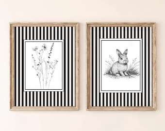 Conjunto de impresiones botánicas de conejo de Pascua, arte mural de rayas blancas y negras (descarga digital)
