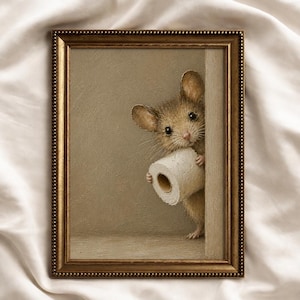 May include: A framed wall art print featuring a brown mouse peeking from behind a wall while holding a roll of white toilet paper. The artwork is encased in a textured, antique gold-coloured frame with a beaded edge detail on the inner border.