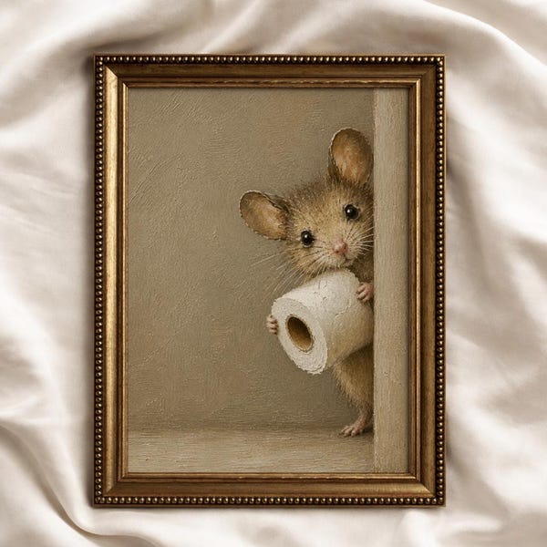 Funny Mouse Bathroom Wall Art Printable, Toilet Paper Mouse Print, Whimsical Animal Decor, Vintage Digital Download