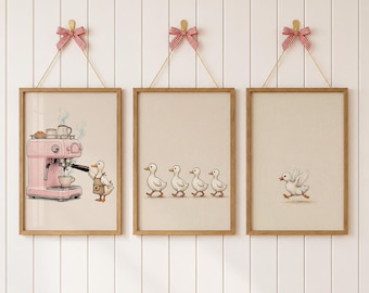 Goose Coffee Wall Art Set of 3, Duck Kitchen Prints, Coffee Bar Decor, Cottagecore Farmhouse printable, Rustic Dining Room Digital Download
