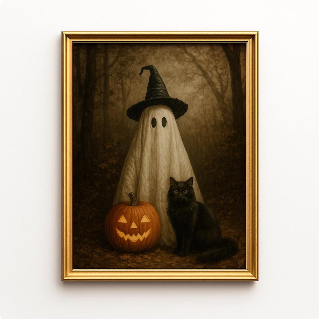 PRINTABLE Vintage Halloween Art – Cute Ghost & Black Cat in Dark Autumn ...