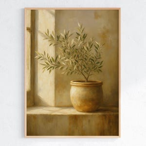 Olive Tree Still Life Wall Art – Printable Botanical Painting, Mediterranean Rustic Decor, Vintage Clay Pot Plant, Digital Download Poster