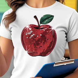 Retro Disco Teacher Apple PNG, Glitter Red Apple Sublimation, Back to School Shirt Design, Sparkle Clipart for Teachers