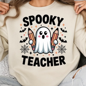 Gruseliger Lehrer PNG, Netter Geist-Lehrer-Halloween-Sublimation, Lustiges Lehren Clipart, Herbst-Schule-Shirt-Design, Geist mit Bleistiften