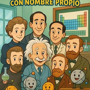 May include: A colorful children's book cover titled "ELEMENTOS CON NOMBRE PROPIO" featuring illustrations of scientists and animated atom characters. The background includes a periodic table and laboratory setting.