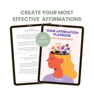 May include: Two tablets display the text "CREATE YOUR MOST EFFECTIVE AFFIRMATIONS". One tablet shows exercises, the other displays "YOUR AFFIRMATION PLAYBOOK" with an illustration of a person with flowers and money. The image also shows "40 PAGES".