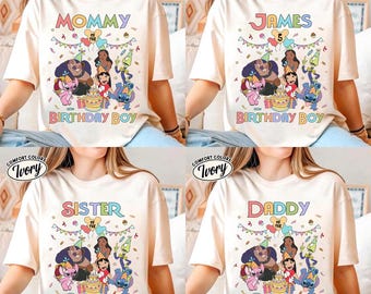 Camiseta de cumpleaños personalizada de Disney Lilo y Stitch, camiseta de regalo de cumpleaños de Nani Pelekai, camiseta a juego con globo y pastel de cumpleaños.