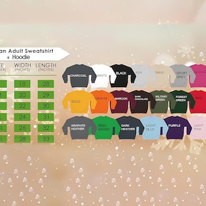 May include: A product image showcasing a Gildan adult sweatshirt and hoodie. The image displays a color chart with various options, including charcoal, white, black, and more. Size chart includes width and length in inches.