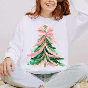 Colorful Christmas Tree PNG Hand drawn doodle Png Brush strokes Coquette Pink Bow Faux glitter Gold Festive Ornament Art Holiday Projects