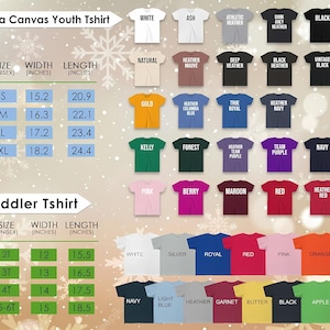 May include: A product image showcasing Bella Canvas youth and toddler t-shirts in various colors. The image includes a size chart with measurements in inches for both youth and toddler sizes. Colors include white, black, red, and more.