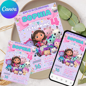 Gabbys Dollhouse Birthday Invitation | Editable Gabby&#39;s Kids Birthday invite | Pandy Template Editable Printable | Invite Instant Download