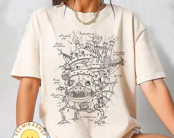 Camiseta con boceto de El castillo ambulante, sudadera, sudadera con capucha, camiseta de Studio Ghibli, camiseta de El castillo ambulante, camiseta de regalo de Studio Ghibli, camiseta Y2K