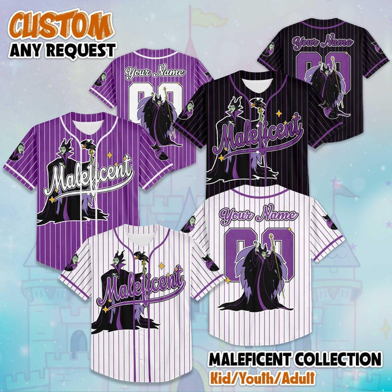 Personalized Maleficent Baseball Jersey, Disney Villains Jersey, Baseball Team Outfit, Sleeping Beauty Villain Shirt, Gift For Fans image 1