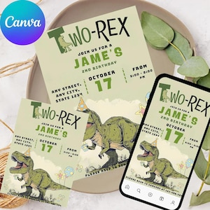 Dinosaur 2nd Birthday Invitation, Two Rex Birthday Party, Dinosaur Birthday Invite, Boy Second Bday Party, Editable Canva Template