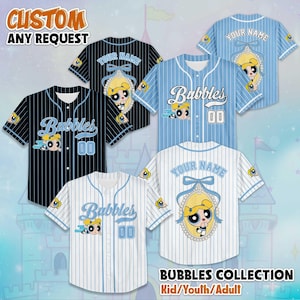 May include: Baseball jerseys with a cartoon character design. The jerseys are available in black and white pinstripes, and light blue. The text "Bubbles" and "Your Name" are visible on the jerseys. The collection is for kids, youth, and adults.