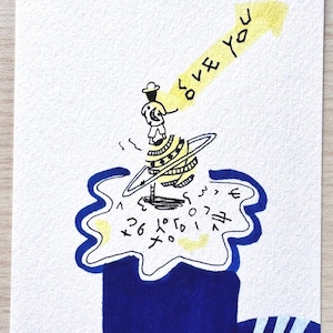Peinture originale dessinée à la main techniques mixtes ー Format carte postale « Je t'aime »
