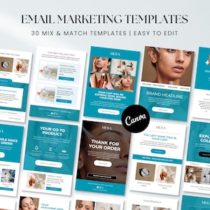 Può includere: Una raccolta di modelli di email marketing nei toni del turchese e del bianco. I modelli presentano immagini di prodotti e testo, tra cui "Email Marketing Templates" e "30 Mix & Match Templates | Easy to Edit."