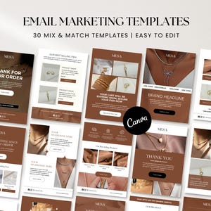 Zestaw szablonów do e-mail marketingu biżuterii | Kompatybilny z Canva | Działa z Mailchimp, Flodesk, ConvertKit i Klaviyo | 30 edytowalnych szablonów