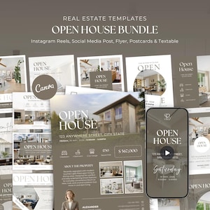 Peut inclure: Une collection numérique de modèles de marketing immobilier intitulée Open House Bundle, comprenant diverses mises en page pour publications sur les réseaux sociaux, flyers et cartes postales avec des tons beige et blanc.