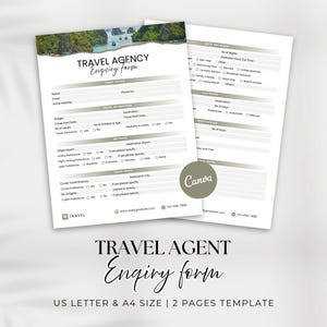 Könnte beinhalten: Eine zweiseitige Reisebüro-Anfrageformular-Vorlage mit einem Landschaftsfoto am oberen Rand, die Abschnitte für Kundendaten, Reiseinformationen, Flugreisen und Kreuzfahrtpräferenzen enthält. Das Dokument zeigt ein Canva-Logo und Kontaktfelder.