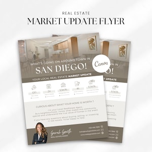 Könnte beinhalten: Ein Immobilienmarkt-Update-Flyer für San Diego mit einem Foto einer Kücheneinrichtung, statistischen Symbolen mit Daten, einem Bereich für Kontaktinformationen und einem Porträt der Immobilienmaklerin Sarah Smith mit einem Canva-Logo.